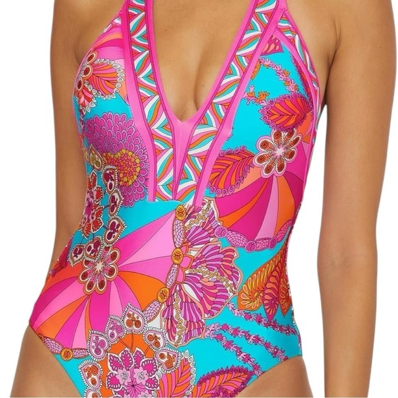 Trina Turk Meilani Border Halter Plunge One Piece Swimsuit Size 12 NEW - Picture 4 of 16